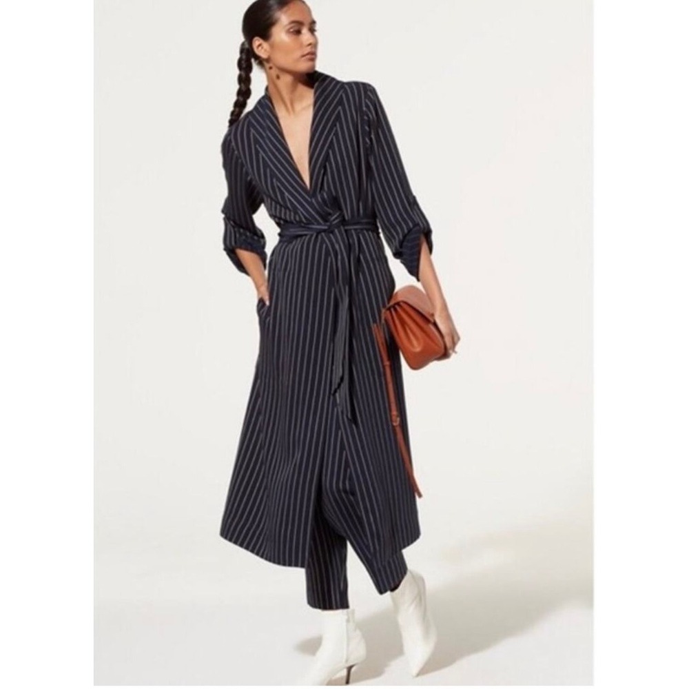 Babaton Aritzia Kahlo Pinstripe Shawl Collar Duster Midi Coat Navy Small